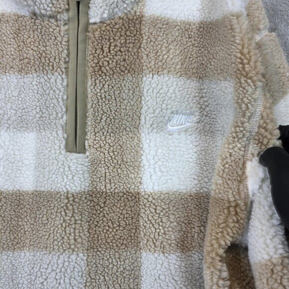 Nike Pullover Mens Large Tan White Plaid Sherpa Fleece Half Zip Checkered Jacket - Picture 2 of 12